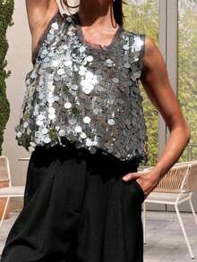 Women's Summer Shiny Sequins Vest Sleeveless Round Neck Fashionable Party Tank Tops - 銀色 - 查看 5