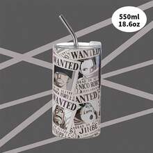 Miniso 一体式吸管直钢杯 550 毫升，不锈钢，印有通缉海报，带金属吸管，非常适合旅行和上学（1 件） - 彩色 - 查看 1