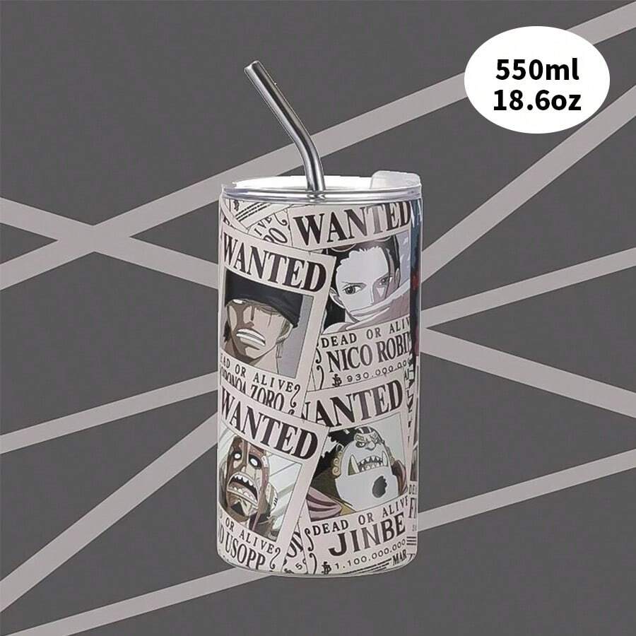 Miniso 一体式吸管直钢杯 550 毫升，不锈钢，印有通缉海报，带金属吸管，非常适合旅行和上学（1 件） - 彩色 - 查看 1