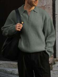 Men's Ribbed Polo Neck Sweater, Casual Loose Fit Pullover Knitwear, Autumn/Winter - 灰色 - 查看 1