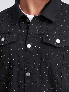 Men's Black Denim Jacket With Rhinestone Embellishment, Suitable For Spring And Autumn - 黑色 - 查看 6