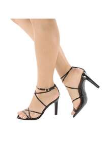 9cm Thin Heel Sandal, Formal Gold With Cross Straps, Party Metallic Silver Gold - Hitam - View 2