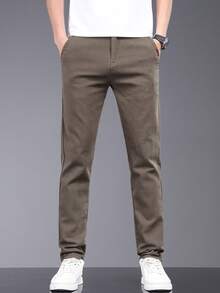 男士新款斜口袋字母刺绣直筒休闲裤，绅士轻薄商务锥形裤，修身时尚百搭，适合老公男朋友朋友聚会朋友聚会 - 咖啡棕 - 查看 2