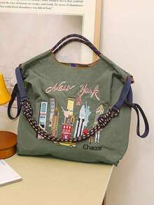 1pc Fashionable Versatile Embroidered Tote Bag, Lightweight Commuter Nylon Organizer Shopper Bag - Multicolor - View 7