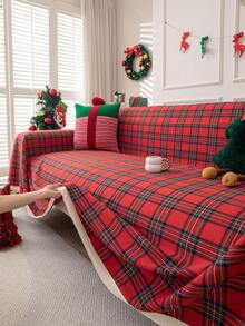 1 pieza Manta con flecos de cobertura total y antideslizante con estampado a cuadros rojo y verde estilo retro americano para días festivos - Multicolor - Ver 6