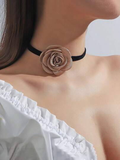 1pc Vintage Floral Tie Necklace Choker, Tea & Light Brown Rose Flower Collar Necklace