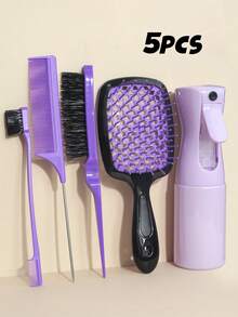 3件套/5件套/6件套卷发梳套装，干湿两用卷发梳，适合自然卷发，包含喷雾瓶、蓬松梳、尖尾梳、边缘梳（适合浓密和稀疏发质，可用于边缘修饰和倒梳），美发造型工具（粉色、紫色、黑色）