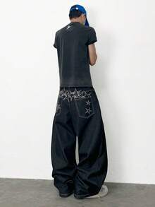 Justice Brother 1件韓式風格個性化刺繡男士牛仔褲設計休閒寬腿褲四季通用鬆身長褲（不含腰帶/配件） - 黑色 - 查看 2
