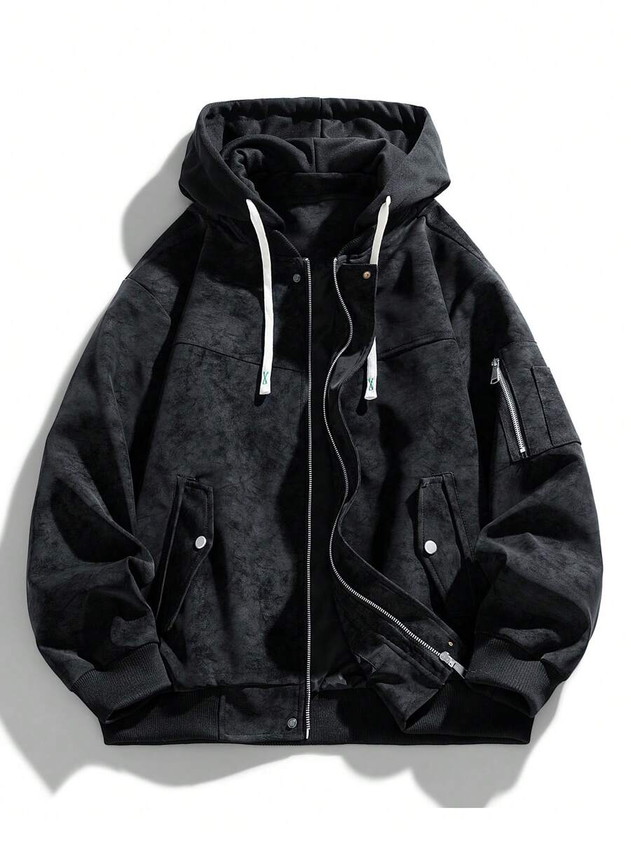 Men's Loose Fit Motorcycle Leather Jacket With Hood, New Autumn/Winter Collection - Black - View 1