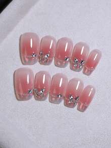 Aurora Metal PUNK & Y2K 腮红手工指甲 10 件方形短法式光泽蝴蝶水钻指甲装饰按压指甲可重复使用假指甲 DIY 美甲派对和职业假指甲 - 紅色 - 查看 1