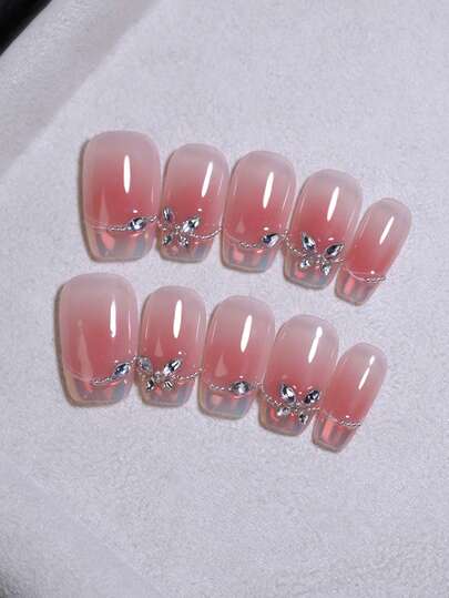 Aurora Metal PUNK & Y2K 腮红手工指甲 10 件方形短法式光泽蝴蝶水钻指甲装饰按压指甲可重复使用假指甲 DIY 美甲派对和职业假指甲