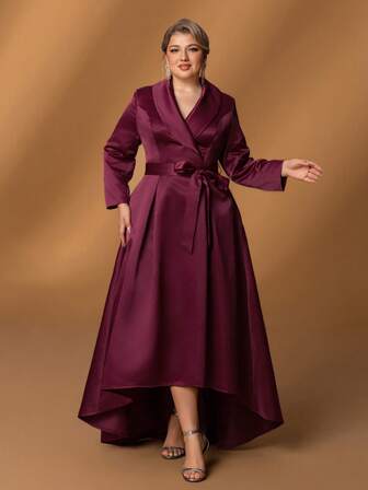 Faeriesty Mosy Plus Sophisticated Plus-Size Mother Of The Bride Gown Featuring Elegant Lapel Collar, Graceful Long Sleeves, Flattering A-Line Silhouette, And Chic Bow-Tied Belt - Perfect For Formal Weddings, Grand Galas, Upscale Evening Events, Prestigious Social Gatherings, And Luxe Formal Functions