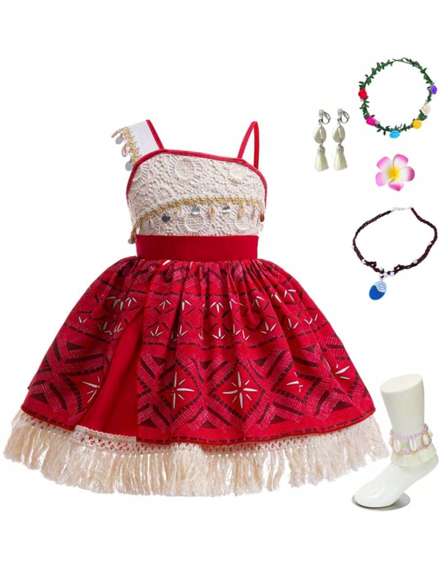 Girls' Princess With Accessories - Red Sleeveless Dress With Lace Detail, Sequined Hem, And Matching Hat For Halloween Or Dress-Up, Ensemble|Lace Detailing|Decorative Hat|Delicate Detailing, Halloween Costumes For Girls - 紅色 - 查看 1