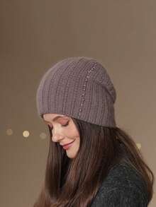 1pc Women's Warm Double-Layer Knitted Hat, Fashionable Pearl Headband Earmuffs Beanie, Thick Knitted Hat For Mothers In Winter