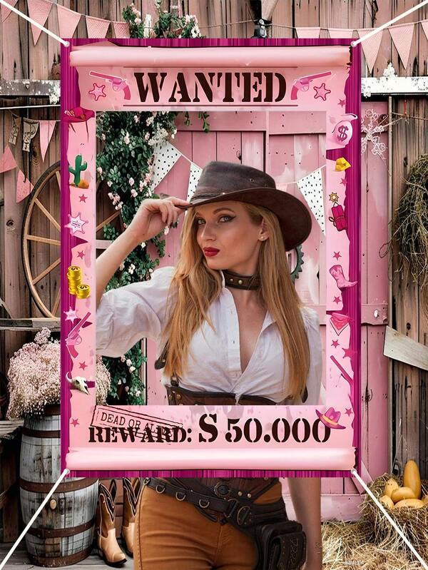 1 pièce/Cadre photo de cow-boy occidental rose, en polyester, 180 cm * 90 cm, toile de fond de style rétro vintage pour festivals, convient pour les fêtes d'anniversaire, les fêtes à thème, la révélation du sexe, la photographie thématique, l'arrière-plan photo.