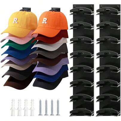 2 Pack Hat Organizer For Baseball Caps, Hat Hanger Holder Hold Up To 16 Hat,Wall Hat Rack With Strong Adhesive, Multilayer Cap Storage Hooks For Closet Door And Bedroom (Black-16)