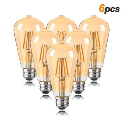 6 ST64 LED Edison-gloeilampen 4W Vintage E27 Medium Base 220V Equivalent 40Watt Gloeilamp 2700K Warm Wit Antiek Goudkleurig Glas Traanvormige Filament Dimbare Lampen Voor Hanglamp Plafondventilator Wandlamp Badkamer Veranda