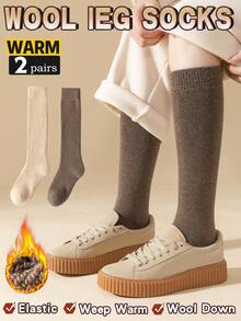 2 Pairs Women's Thermal Lined Thick Calf Socks, Warm Solid Color Knee High Socks, Collegiate Style, Versatile For Autumn/Winter, Suitable For Home, Commute, Office, Cozy Socks