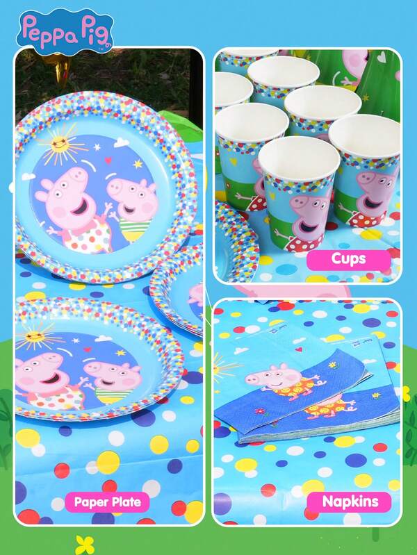 Hasbro 37PCS Hasbro Officially Licensed Peppa Pig Party Tableware Set Plates Cups Napkins Tablecloth Cartoon Decoration Supplies Birthday Christmas Halloween Holiday Celebration Disposable Party Favor Gift For Friends Family