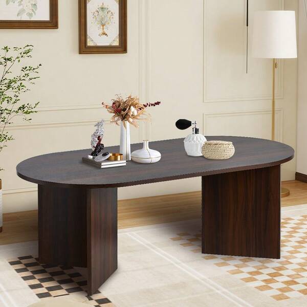 SUN YEE Oval Shape Coffee Table, Sofa End Tables With V-Shaped Legs, Timber Side Cafe Desk For Living Room, 110x55x40cm, Walnut