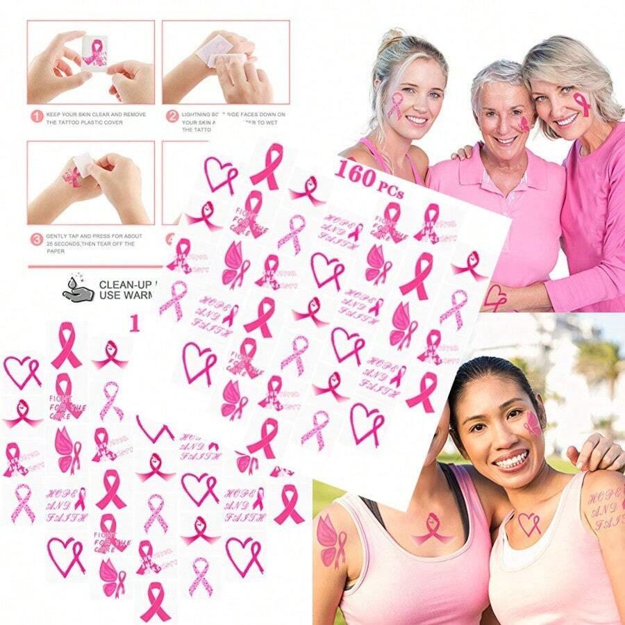 160 PCs Pink Ribbon Tattoos Breast Cancer Awareness Temporary Tattoos - 粉色 - 查看 1