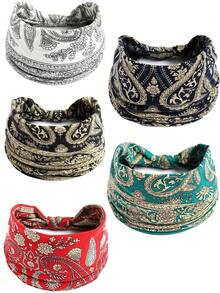 1条波西米亚风女士宽发带，复古印花弹力交叉发带，瑜伽/跑步运动发带，波西米亚休闲街头涤纶纤维发带，四季皆宜，秋季女士围巾冬季发饰，适合度假装扮，女士头巾柔软头巾夏季 - 彩色 - 查看 18