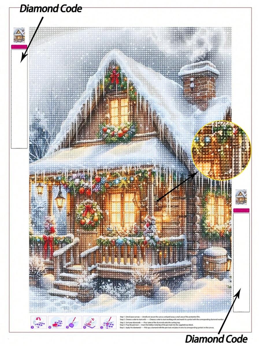 1 pièce Peinture de diamant 5D Cabane de Noël Scène d'hiver, Peinture d'art de diamant avec Maison enneigée de vacances, Outils de peinture de diamant pleine perceuse pour décoration murale de la maison