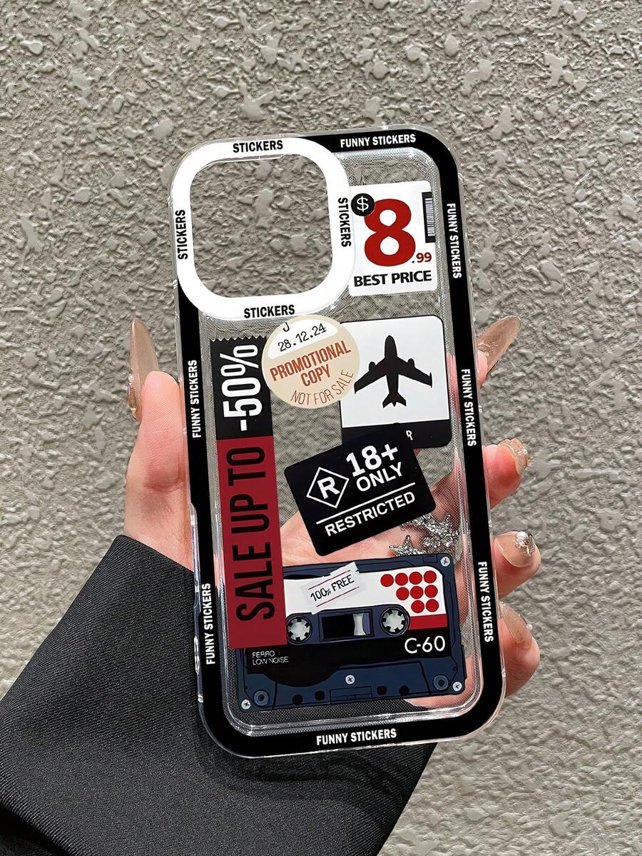 1pc Fashion Travel Discounted Airplane Ticket Magnetic Tape Print Transparent Phone Case, Letter Slogan Pattern Phone Case, Retro Patchwork Pattern Daily Travel Phone Case, Full Body Protective Shock-Proof Soft TPU Clear Phone Case, Phone Protective Cover - Multicolor - View 1