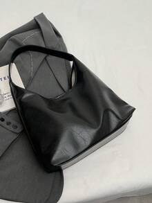 复古PU皮革单肩包/斜挎包/女士休闲手提包，适合通勤和工作 - 黑色 - 查看 6