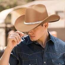 Classic Western Felt Cowboy Hat With Wide Brim For Outdoor Use - 1 Pack Style 7: Camel With Rhinestones Hatband - View 9