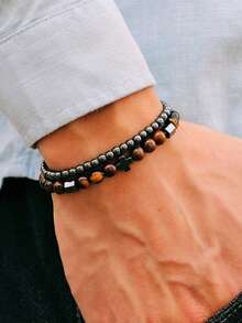 2pcs Men's Bracelet Set, Natural Agate, Hematite, Cross Beaded Bracelet, Featuring Natural Lava, Tiger Eye, Red Pine, Volcano Stone, Vintage Gentleman Style, Suitable For Daily Wear