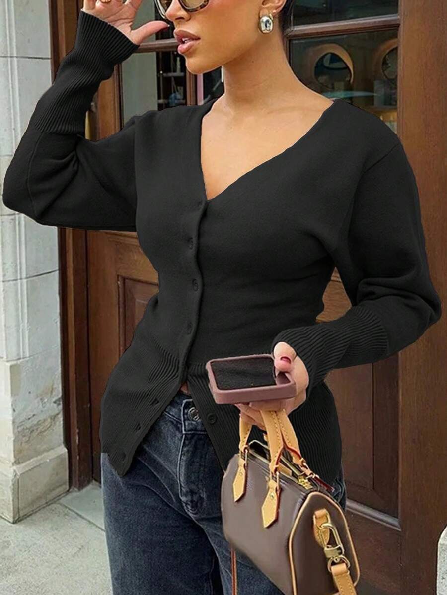 For Love & Bella Women's Sexy & Elegant Deep V-Neck Solid Brown Knit Cardigan, Fitted Minimalist Button Front Knit Sweater, Autumn/Winter - Black - View 1