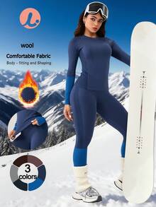 Leorrey 1 Set Women Seamless Comfortable Casual Round Neck Lifting Shaping Fitness Workout Running Outdoor Long Sleeve Top And Pants Sports Suit Ski Outfits Winter - Blue - View 2