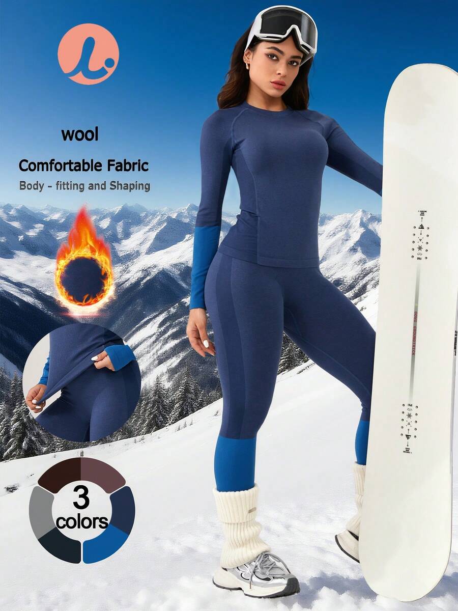 Leorrey 1 Set Women Seamless Comfortable Casual Round Neck Lifting Shaping Fitness Workout Running Outdoor Long Sleeve Top And Pants Sports Suit Ski Outfits Winter