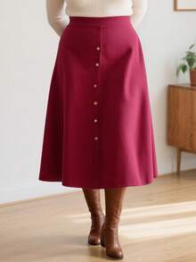 Plus Size Ribbed Knit Skirt With Pearl Buttons - Hot Pink A-Line Midi Skirt For Women, Stretchy Comfort Fit Office To Weekend Skirt, Elegant Front Button Design With Flared Hemline - 玫紅色 - 查看 1