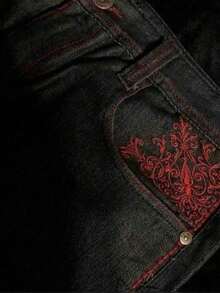 Men's Hip-Hop Retro Skull Embroidered Washed Denim Pants Y2K Jeans Gothic Straight Tube Loose Wide Leg Pants - Black - View 4