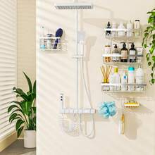 Organizador de ducha adhesivo, paquete de 5, de acero inoxidable resistente a la oxidación, de gran capacidad, sin necesidad de taladrar, para almacenamiento de baño y decoración del hogar. - Plateado - Ver 4