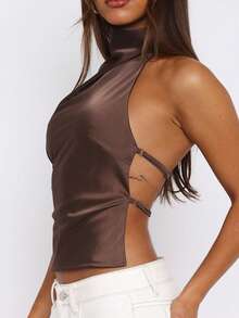Women Y2k Satin Halter Top Sleeveless Mock Neck Open Back Crop Vest Summer Going Out Solid Color Slim Top Vintage Camis Shirt - màu nâu - Xem 3