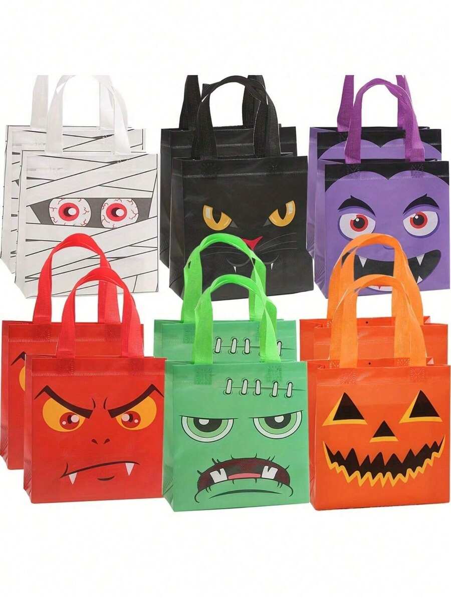12er Pack Halloween Trick or Treat Tragetaschen mit Griffen, aus Vliesstoff, wiederverwendbare Geschenktüten für Halloween Party Gastgeschenke und Prämien - Verschiedenfarbig - Übersicht 1