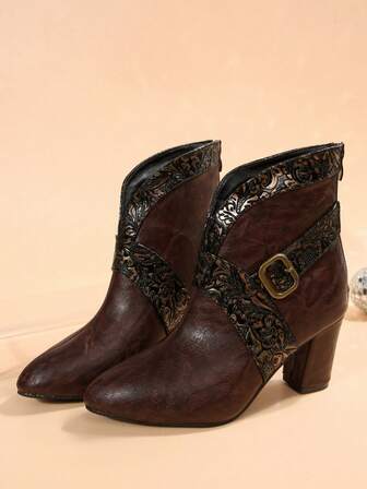 Fashionable And Personalized Spliced Upper Design For Women's Ankle Boots And Short Boots, Featuring A Back Zipper, Single-Button Buckle Strap Encircling The Upper, Spliced With A Vintage Upper Design, Elegant And Refined, These Women's Boots Have A Stunning Exterior Design That Will Make You Stand Out In The Crowd.