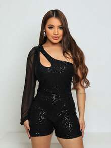 Short Sequin Jumpsuit With One Sleeve Tulle Drop Neckline, Dance, Debutante, Night, Sparkle, Party - màu đen - Xem 1