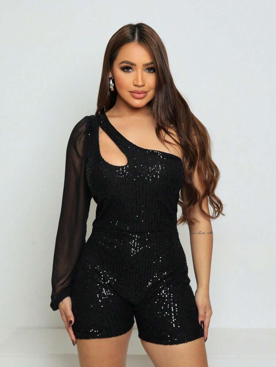 Short Sequin Jumpsuit With One Sleeve Tulle Drop Neckline, Dance, Debutante, Night, Sparkle, Party - màu đen - Xem 1