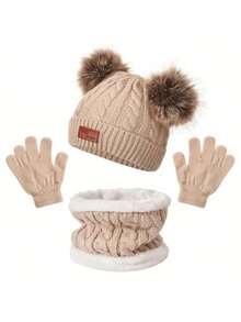 3 Stücke Kinder gestrickter Hut, Schal und Handschuhe Set, Kinder warmer Pompon Hut, Schal und Handschuhe für Outdoor, Lässig, Kleinkind 2-6 Jahre