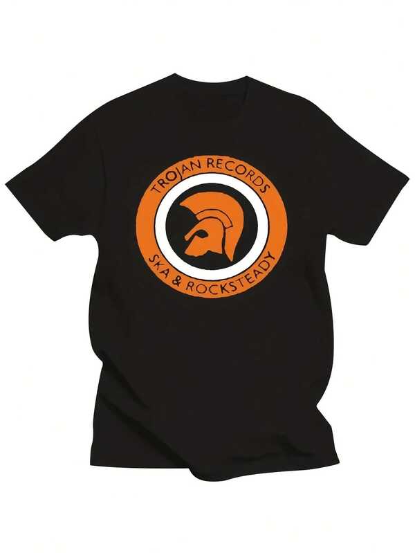 Camiseta gráfica para hombres TROJAN RECORDS 2024 - Negra con casco espartano naranja y estampado SKA Rocksteady, camiseta de algodón de gran tamaño, manga corta, cuello redondo, top casual para todas las estaciones, ropa para fanáticos de la música