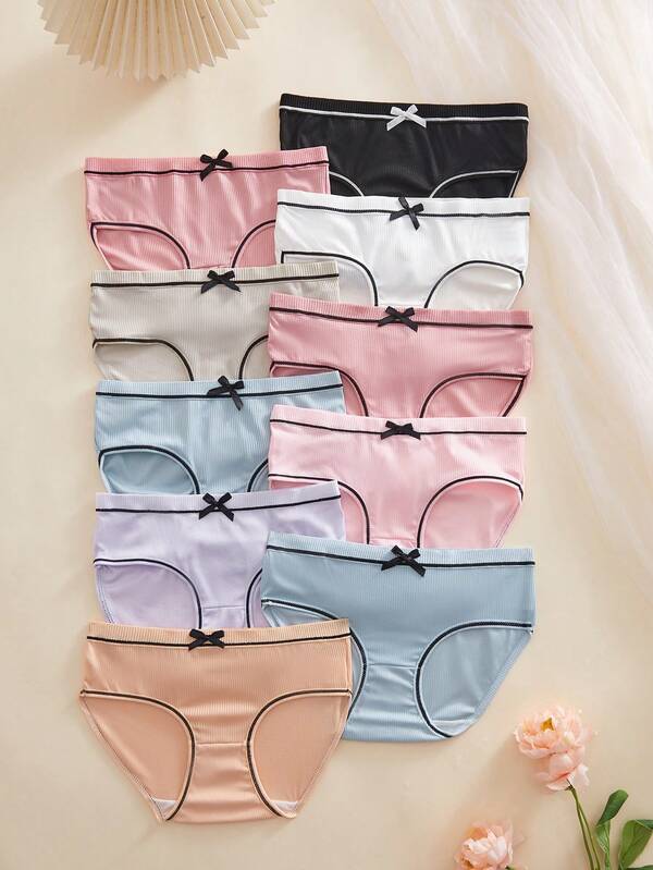 10pcs Girls' Simple Casual Comfortable Breathable Panties, With Cute Bow Design On Front Waistband, Student Underwear