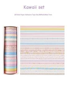 20入組萌趣和紙膠帶薄款套裝7mm*3m,多圖案紙質粘性遮蔽膠帶,禮物裝飾貼紙 - 粉色 - 查看 14