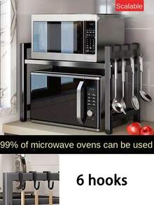 1pc Microwave Rack, Expandable Microwave Rack, Countertop Kitchen Utensil Cutlery Storage Rack, Carbon Steel Microwave Rack With 6 Hooks - Multicolor - View 8