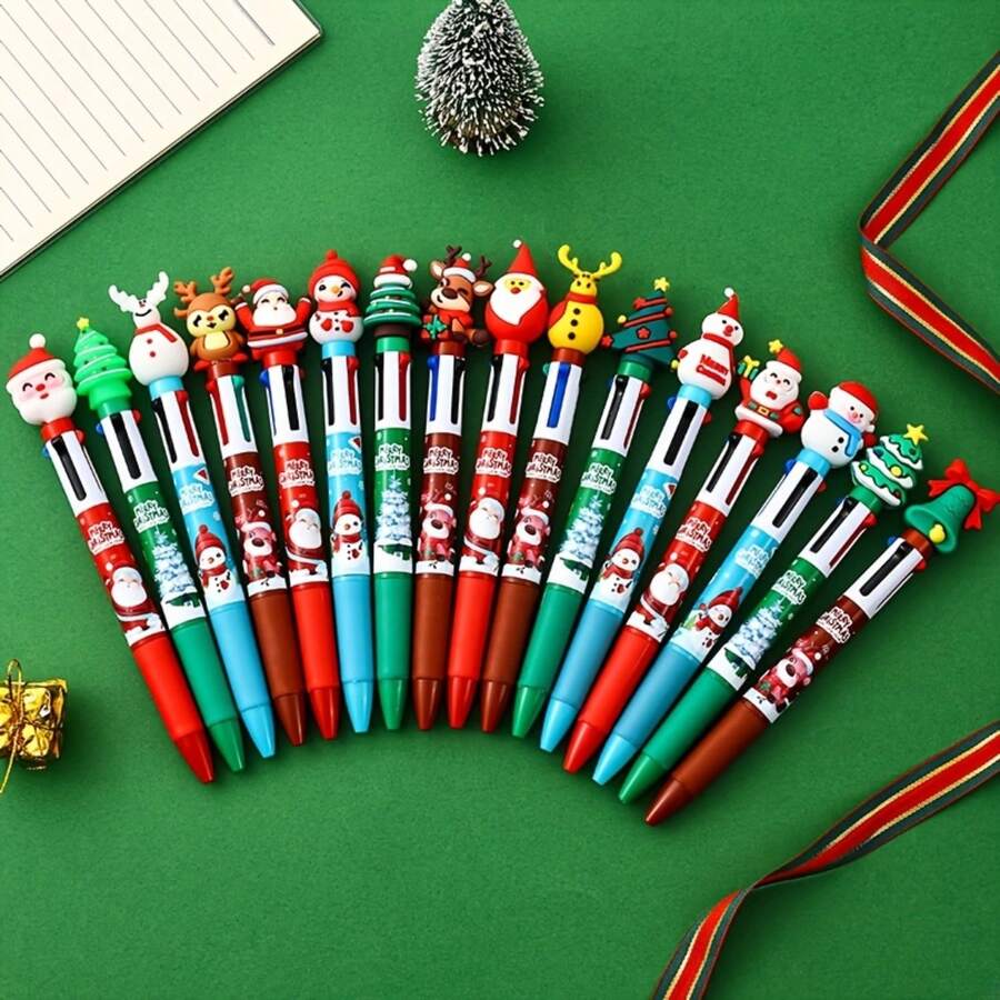 16pcs Festive Christmas Pencils - 4 Colorful Round Ballpoint Pens With Santa, Reindeer, Snowman & Tree Designs, Ideal For Holiday Gifts, Prizes, And Party Favors, Christmas Pencils|Festive Pens|Gifts|Decorative Pens - Black - View 1