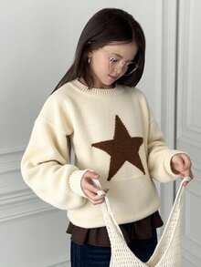 DAZY Tween Girl Star Pattern Crew Neck Sweater, For Everyday Wear In Autumn/Winter - Apricot - View 5
