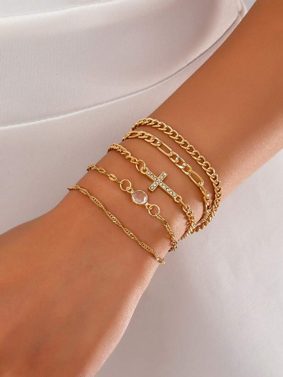 5pcs Elegant Cubic Zirconia Cross Decor Multi-Layer Bracelet, Suitable For Women's Party, Gathering, Daily Wear, Holiday Gift